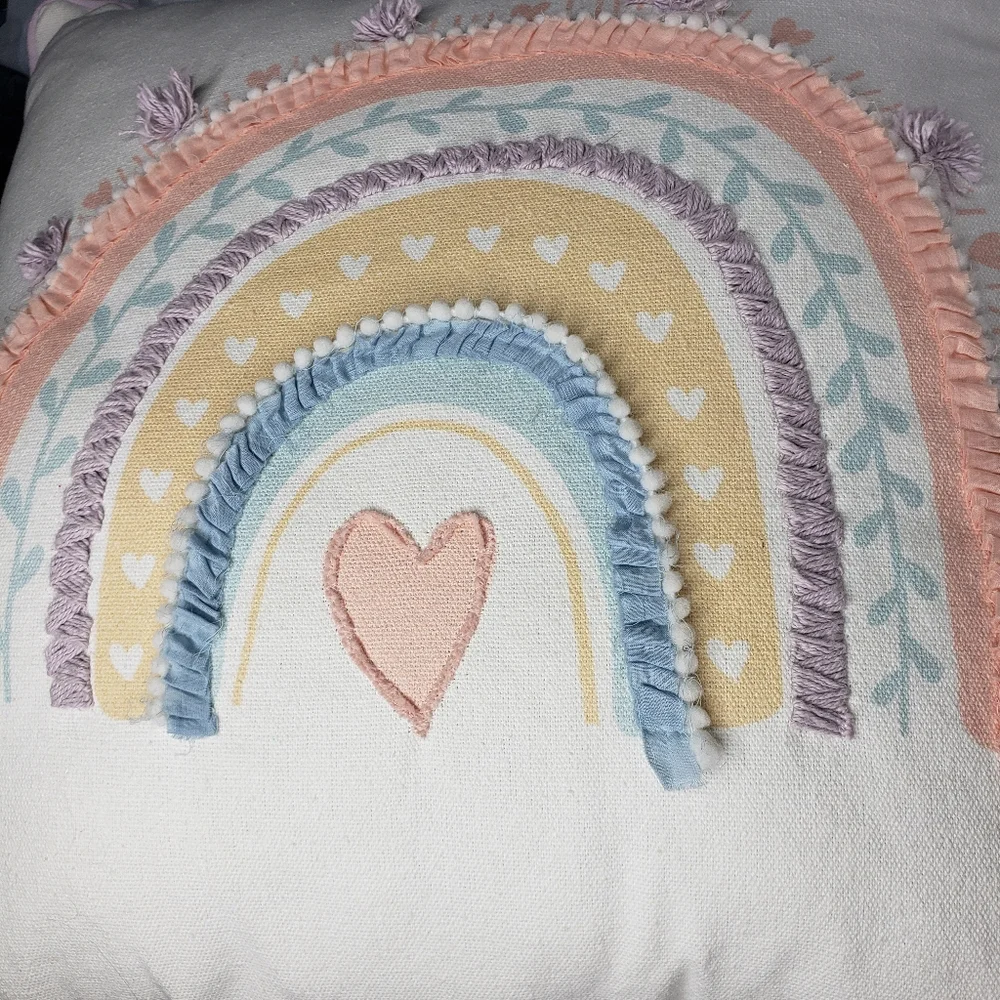 Boho Cottagecore Fairy Pastel Pillow Mixed Media Embroidered Rainbow Hearts Farm